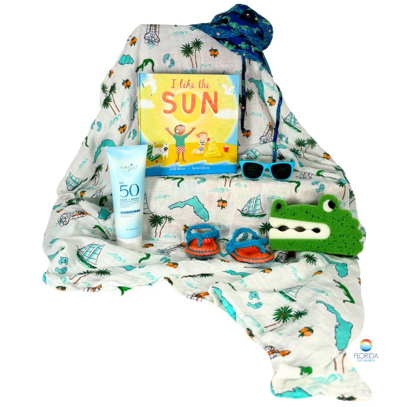 Assorted products for a baby boy with a Florida vibe