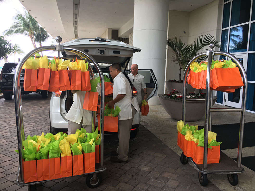 convention gift baskets being unloaded