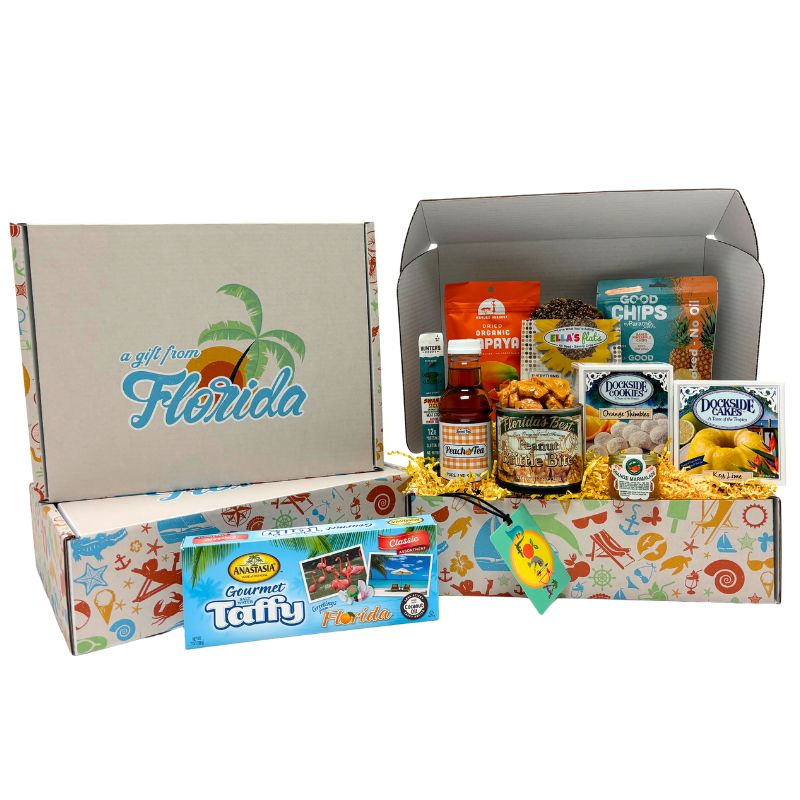 A medium sized Florida theme gift box with a variety of tasty Florida-inspired treats