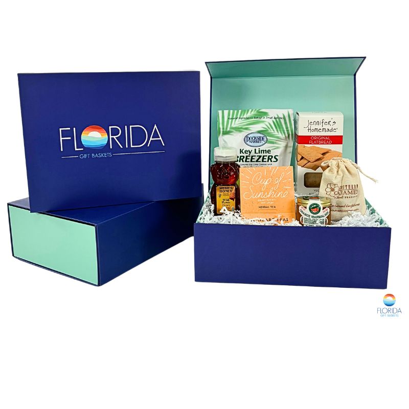 Our "Afternoon Delight" gift box with tea, honey, and some thoughtfully paired snacks!