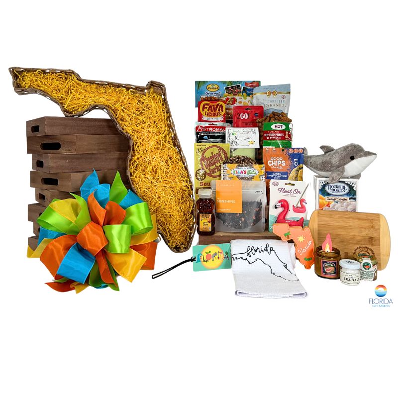 A Florida-shaped basket filled with assorted Florida-inspired products.