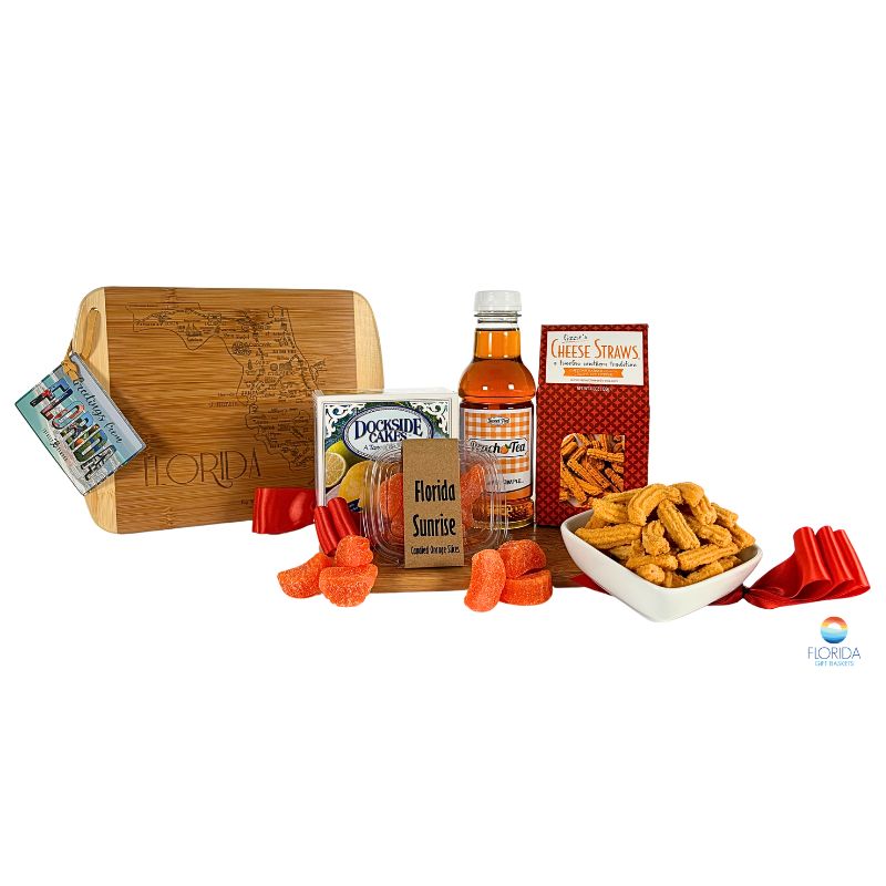 A Florida cutting board with Florida-made snacks.