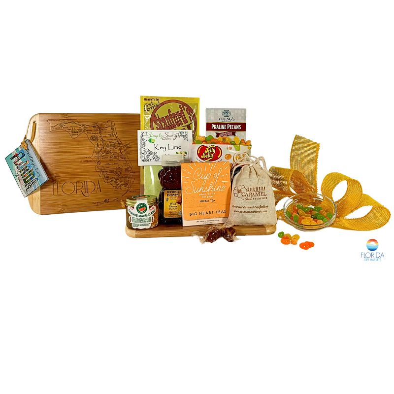 A Florida cutting board with Florida-made snacks.