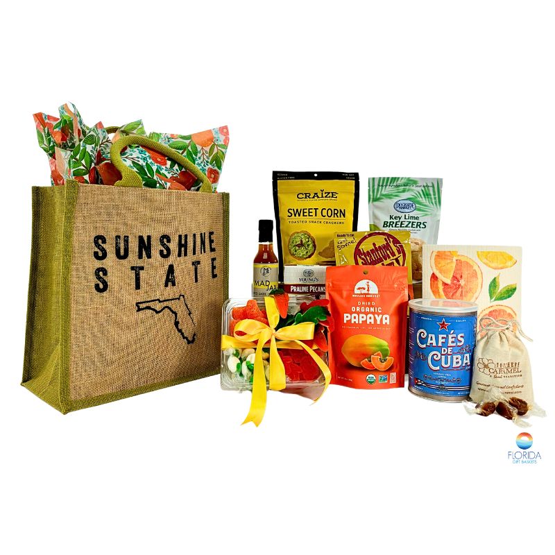 A collection of Florida treats are tucked inside a quality, reusable tote bag in our "Sunshine State" gift!