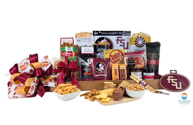 Gift Basket full of assorted cheese, meat, salty snacks, and other game day treats - all in the name of Florida State University!