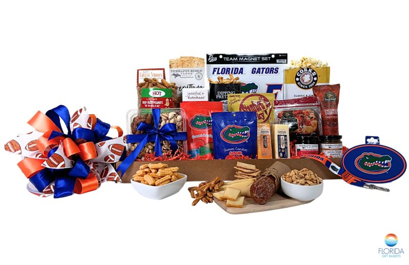 Gift Basket full of assorted cheese, meat, salty snacks, and other game day treats - all in the name of Florida Gators!