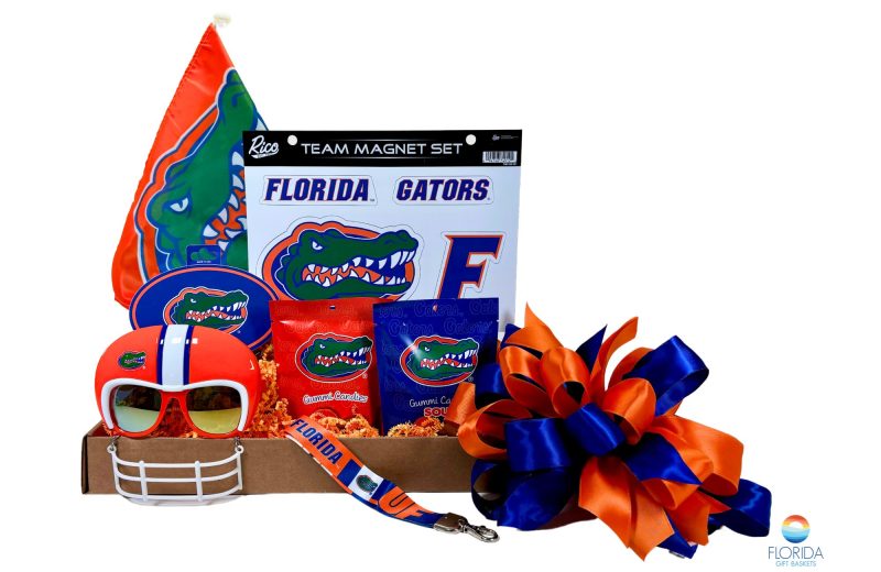 UF Gift Basket full of assorted UF logo merchandise.