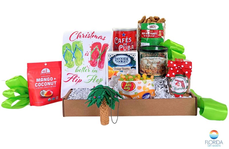 Florida theme holiday gift basket with local treats and seasonal keepsakes.