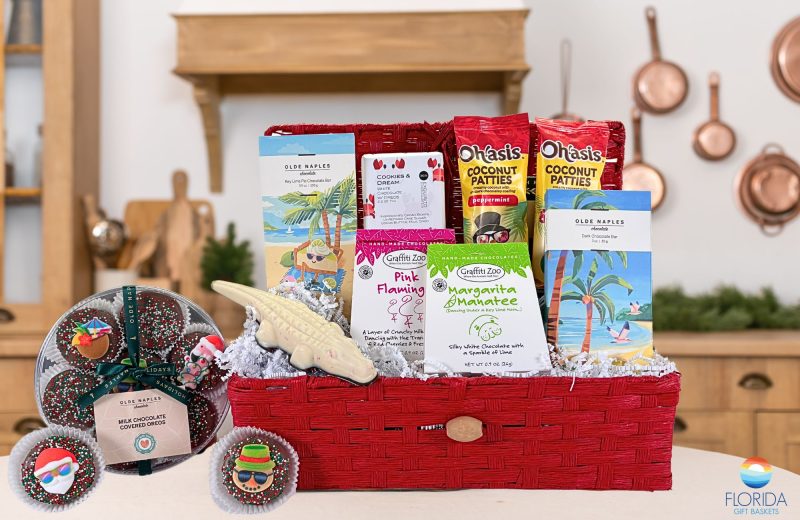 A holiday gift basket from Florida filled with Florida-made chocolate treats!