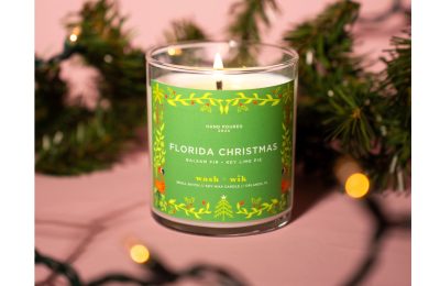 Florida Christmas Candle - the ultimate holiday scent of balsam fir combined with key lime pie. A refreshing take on a Florida Christmas! From our friends at "Wash & Wik" in Orlando, Florida.