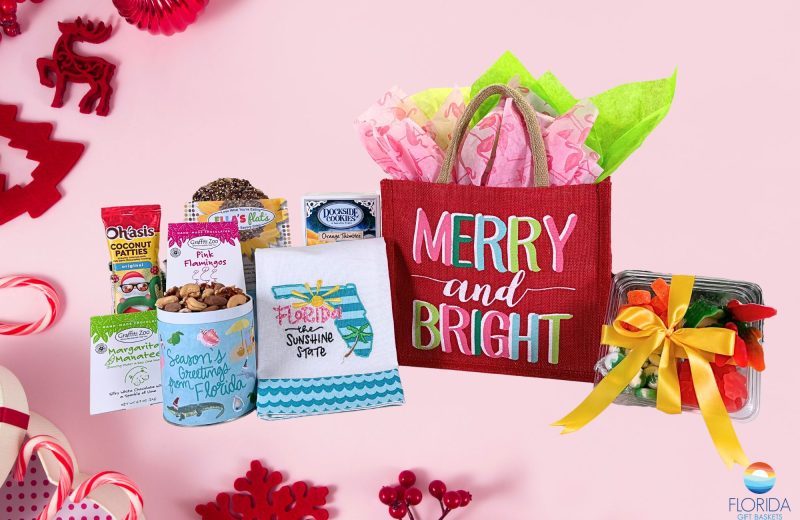 Our "Merry & Bright" holiday gift tote delivers holiday greetings with bright Florida treats!