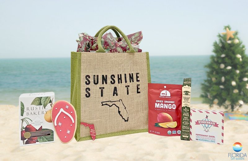 Our year-round "Sunshine State" tote bag, filled with Florida-inspired treats, with a hint of December cheer!