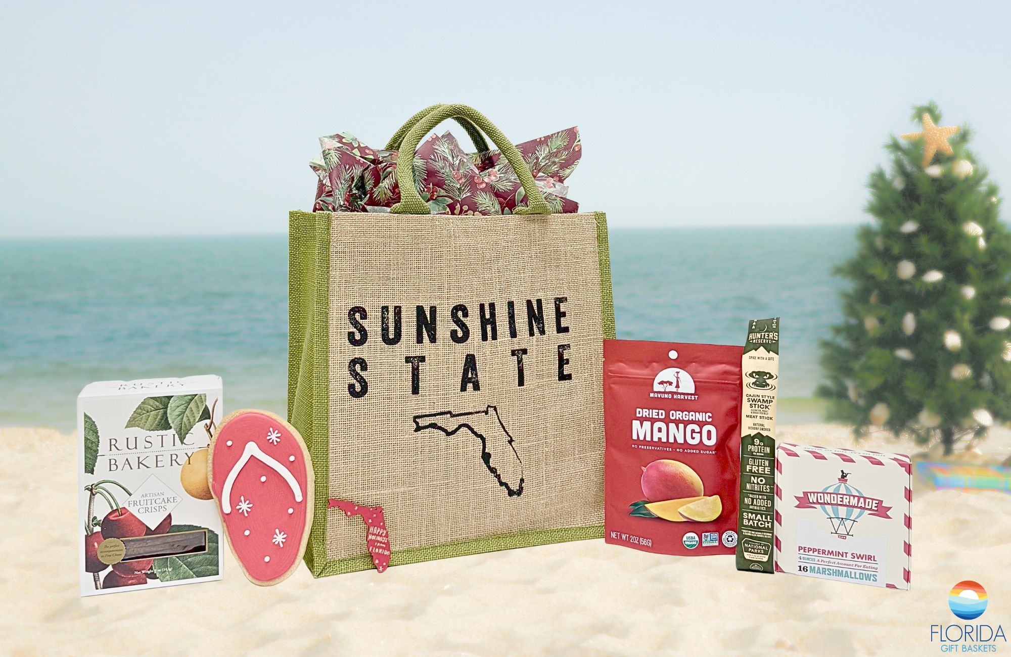 Our year-round "Sunshine State" tote bag, filled with Florida-inspired treats, with a hint of December cheer!
