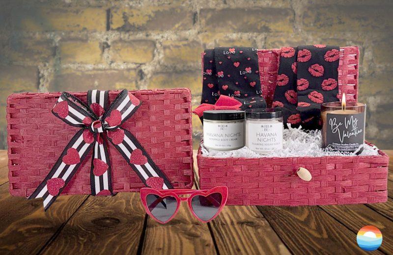 A Valentine gift for your favorite man including festive socks, a candle, and self-care items