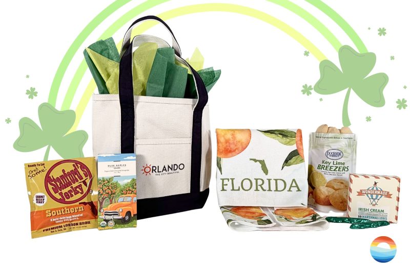 A St. Pat's gift from Orlando including a strong, quality, canvas tote bag from Orlando and assorted green and orange Florida-inspired treats.